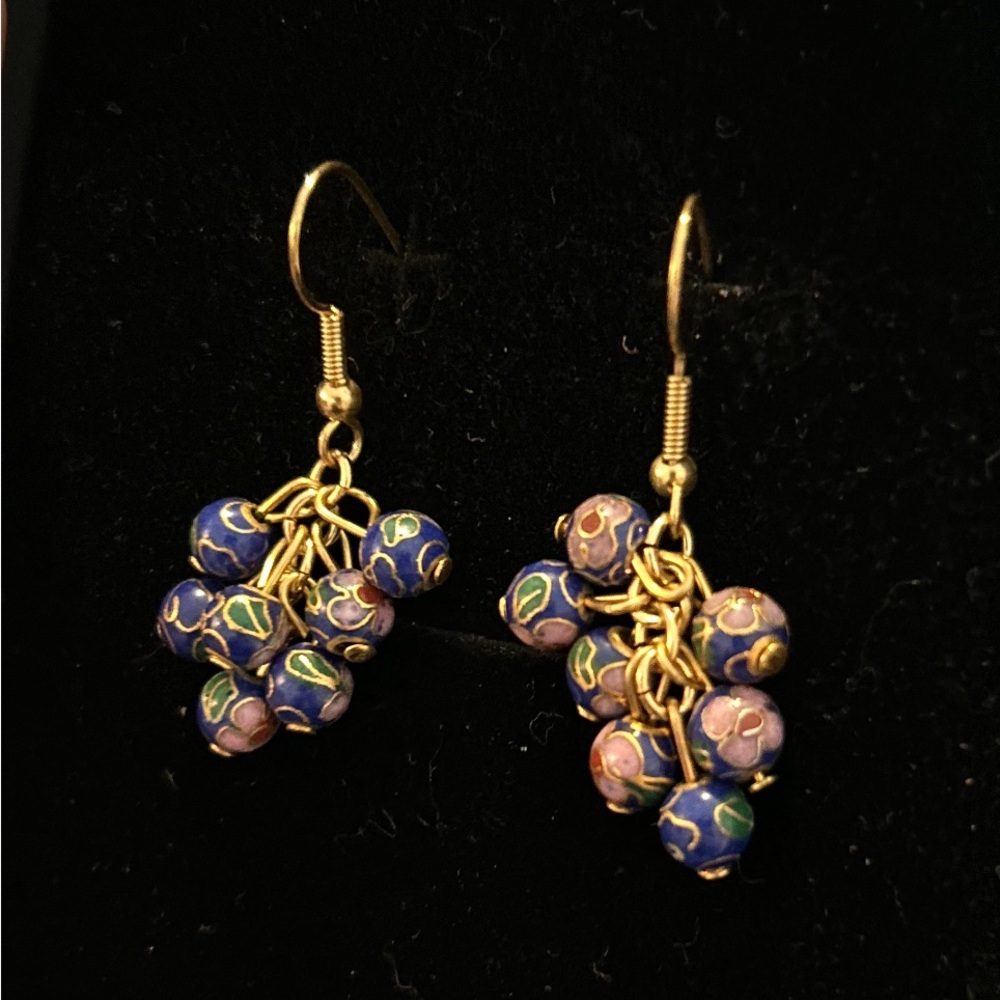 Elegant Gold and Blue CLOISONNE Beaded Earrings